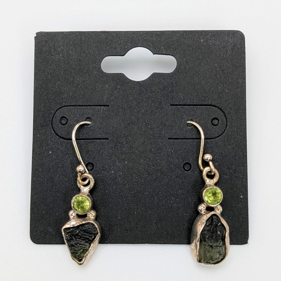 Natural Moldavite & Peridot S925 Sterling Silver Dangle Earrings - Picture 2 of 5